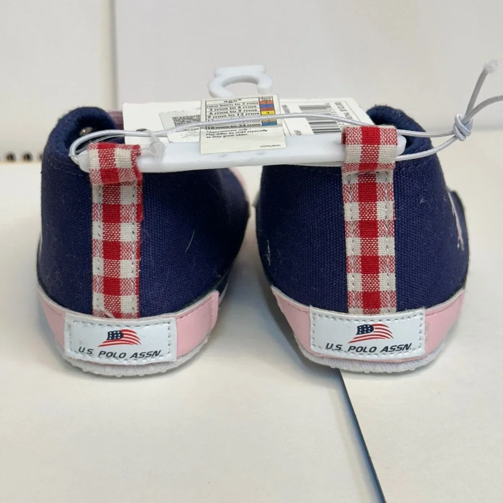U.S. Polo Assn. Sneakers Girls 4 9M-12M Navy Pink Gingham Excellent